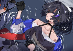 Rule 34 | 2girls, absurdres, ahoge, bare shoulders, blunt bangs, closed mouth, collarbone, commentary request, gloves, hair intakes, hair ornament, hand on own stomach, high ponytail, highres, holding another&#039;s finger, holding hands, honkai (series), honkai impact 3rd, implied yuri, jacket, kiana kaslana, kiana kaslana (white comet), long hair, long sleeves, looking to the side, lying, lying on water, moonsun77773, multiple girls, off shoulder, on back, out of frame, ponytail, purple eyes, raiden mei, raiden mei (striker fulminata), ripples, shade, shirt, water, wet, wet clothes, wet shirt