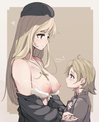 1boy 1girl blonde_hair blue_eyes bra bra_pull breasts brown_background clothes_pull cross cross_earrings earrings eye_contact folait height_difference highres jewelry looking_at_another nipples nun original short_hair shota siblings underwear white_bra