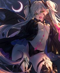 1girl absurdres black_cloak black_hands black_panties black_thighhighs body_markings breasts candy choker cleavage cloak colored_extremities crescent_moon crossed_bangs demon_girl demon_horns demon_wings ear_piercing fate/grand_order fate_(series) food green_eyes grey_hair hair_between_eyes heartunder_hub highres horns lilith_(fate) lilith_(second_ascension)_(fate) lollipop long_hair looking_at_viewer medium_breasts moon navel night night_sky open_mouth panties piercing pointy_ears sky solo stomach_tattoo tattoo thighhighs thighs tongue tongue_out twintails underwear very_long_hair wings