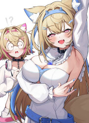 !? 2girls absurdres animal_ear_fluff animal_ears arm_up armpit_focus armpits bandaid bandaid_hair_ornament belt black_collar blonde_hair blue_belt blue_hair blue_headband blush breasts chain cleavage collar constricted_pupils dog_ears dog_tail fuwawa_abyssgard fuwawa_abyssgard_(1st_costume) h4kuuua_0 hair_ornament headband highres hololive hololive_english horn_hairband large_breasts long_hair mococo_abyssgard mococo_abyssgard_(1st_costume) multicolored_hair multiple_girls open_mouth pink_belt pink_eyes pink_hair pink_headband presenting_armpit siblings simple_background sisters streaked_hair surprised tail twins white_background wide-eyed