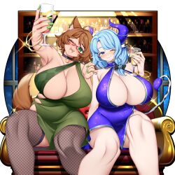 Rule 34 | 2girls, absurdres, ahoge, animal ear fluff, animal ears, bangle, bar (place), black bow, black choker, blue dress, blue eyes, blue hair, bow, bracelet, breasts, brown hair, choker, cleavage, closed mouth, cow ears, cow girl, cow tail, cup, dress, fishnet thighhighs, fishnets, glasses, green dress, green eyes, green nails, hair bow, highres, holding, holding cup, huge breasts, indie virtual youtuber, jewelry, miilkywayz, mint castella, motsu momomo, multiple girls, nail polish, one eye closed, open mouth, short dress, short hair, sitting, smile, tail, teeth, thighhighs, upper teeth only, virtual youtuber