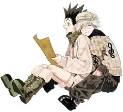 2boys :3 alternate_costume black_footwear black_hair black_shirt boots brown_cardigan brown_pants brown_shorts cardigan closed_eyes full_body gon_freecss green_footwear green_scarf hat highres hug hunter_x_hunter killua_zoldyck male_focus multiple_boys open_mouth pants sansa07070505 scarf shirt short_hair shorts simple_background sitting spiked_hair sweater white_background white_hair white_hat white_sweater