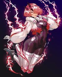 1girl black_background black_bodysuit bodysuit breasts covered_navel duel_monster full_body highres humanization jacket large_breasts lightning medium_hair purple_background red_eyes red_hair skin_tight spright_carrot tomatolover16 two-tone_background white_jacket yu-gi-oh!