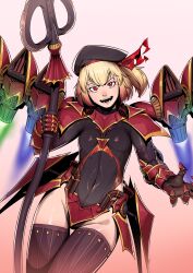 1girl :d absurdres alternate_costume armor beret black_hat black_leotard blonde_hair blue_fire commentary covered_navel english_commentary fire flandre_scarlet gauntlets gradient_background green_fire hat highleg highleg_leotard highres holding holding_weapon laevatein_(touhou) leotard looking_at_viewer one_side_up open_mouth orange_background red_eyes robotboy_22 short_hair shoulder_armor side_ponytail simple_background slit_pupils smile solo thighhighs thighs thrusters touhou weapon