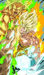 Rule 34 | 2boys, abs, aura, blonde hair, broly (dragon ball z), clenched hand, dragon ball, dragonball z, green eyes, green hair, highres, legendary super saiyan, male focus, medium hair, multiple boys, muscular, muscular male, orange pants, pants, pocagraffiti, punching, solo focus, son goku, spiked hair, super saiyan, super saiyan 1, topless male