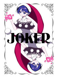 Rule 34 | 1girl, absurdres, bare shoulders, black capelet, blob, blue eyes, blue hair, border, capelet, card, closed mouth, collared dress, commentary, doremy sweet, dream soul, dress, english text, hand up, hat, highres, joker (playing card), light smile, looking at viewer, nightcap, off-shoulder capelet, ornate border, playing card, pom pom (clothes), red hat, rotational symmetry, sleeveless, sleeveless dress, solo, touhou, turtleneck, turtleneck dress, user wncy2874, white background, white dress