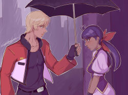 1boy 1girl blonde_hair blue_hair charlyarts fatal_fury fatal_fury:_city_of_the_wolves futaba_hotaru garou:_mark_of_the_wolves rain rock_howard snk the_king_of_fighters the_king_of_fighters_xi the_king_of_fighters_xv umbrella
