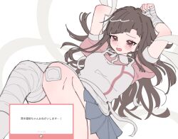 Rule 34 | 1girl, apron, bandaged arm, bandaged leg, bandages, bandaid, bandaid on knee, bandaid on leg, blush, brown hair, collared shirt, d:, danganronpa (series), danganronpa 2: goodbye despair, highres, long hair, mole, mole under eye, open mouth, pink eyes, pink shirt, pleated skirt, pote (pote 39), shirt, skirt, solo, tearing up, tsumiki mikan, two-tone shirt, white apron, white background