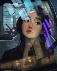 1girl :| black_coat black_hair blurry blurry_background brown_eyes car_interior city closed_mouth coat driving expressionless highres long_hair looking_back makeup mascara original parted_lips reflective_surface road sam_yang silver_necklace sitting solo sparkling_eyes street upper_body