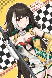 1girl asymmetrical_gloves bare_shoulders black_panties blush breasts brown_hair character_name cleavage clothing_cutout commentary_request dress elbow_gloves girls&#039;_frontline girls&#039;_frontline_2:_exilium gloves hand_on_own_hip hand_up heterochromia highres holding holding_pole kuzumotsu leaning_to_the_side long_hair looking_at_viewer medium_breasts midriff multicolored_hair no_bra orange_eyes panties parted_lips partially_unzipped pole race_queen red_eyes ro635_(girls&#039;_frontline) robella_(future_navigator)_(girls&#039;_frontline_2) robella_(girls&#039;_frontline_2) sleeveless sleeveless_dress solo streaked_hair twintails two-tone_hair underboob_cutout underwear very_long_hair white_gloves white_hair yellow_eyes yellow_gloves