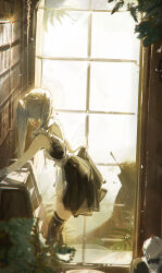 1boy 1girl absurdres alternate_costume apron aroused_nosebleed black_bow black_bowtie black_dress black_thighhighs blood bow bowtie dress dudrinm earrings enmaided frieren grey_hair highres himmel_(sousou_no_frieren) indoors jewelry ladder long_hair maid sousou_no_frieren thighhighs twintails white_apron window