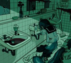 1girl arm_fins back_fin bathroom black_sailor_collar blood bloody_handprints blue_hair blue_scales blue_shirt broken_mirror broom fins fish_tail flower from_behind gills green_light green_theme handprint highres horror_(theme) indoors kamomiland knight leaning_forward leaning_on_object looking_at_viewer looking_back mermaid mirror monster_girl on_floor open_clothes open_shirt original poster_(object) red_eyes red_flower sailor_collar scales see-through_clothes see-through_shirt shirt short_hair short_sleeves sink solo tail tile_wall tiles toilet_paper unworn_footwear vase