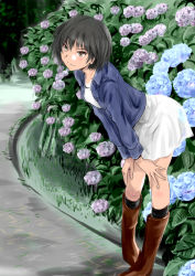 1girl amagami black_hair black_socks blue_flower blue_jacket blush bob_cut boots brown_boots brown_eyes bush commentary denim denim_jacket dress female_focus flower hands_on_legs hydrangea jacket knee_boots kneehighs leaning_forward light_blush light_smile murasaki_iro nanasaki_ai open_clothes open_jacket park path purple_flower road short_hair socks solo white_dress