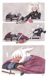 ... 2girls 3koma absurdres animal_ears artist_self-insert warrior_of_light_(ff14) blush book box cat_ears cat_girl cat_tail claw_ring closed_eyes comic covering_with_blanket dark-skinned_female dark_skin dress facial_mark final_fantasy final_fantasy_xiv fingerless_gloves fleeing fur-trimmed_dress fur_trim gloves grey_eyes grey_hair heart-shaped_box highres hjz_(artemi) holding_hands inkwell miqo&#039;te multiple_girls partially_fingerless_gloves quill short_hair sleeping tail whisker_markings y&#039;shtola_rhul