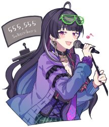 1girl :d ahoge black_collar black_hair black_shirt blunt_bangs blush braid breasts chest_tattoo cleavage collar collared_shirt commentary_request corset cross-laced_clothes cross-laced_corset ear_piercing earrings eyelashes eyewear_on_head gold_earrings gradient_necktie green_skirt hands_up highres holding holding_microphone holding_microphone_stand jacket jewelry large_breasts linked_piercing long_hair long_sleeves looking_at_viewer meloco_kyoran meloco_kyoran_(1st_costume) microphone microphone_stand milestone_celebration multicolored_hair music musical_note necktie nijisanji nijisanji_en open_clothes open_jacket open_mouth piercing plaid_clothes plaid_skirt pleated_skirt purple_corset purple_eyes purple_hair purple_jacket purple_necktie purple_scrunchie scrunchie sekka_(sekka1202) shirt shutter_shades side_braids simple_background singing skirt smile solo streaked_hair tattoo teeth twin_braids upper_teeth_only very_long_hair virtual_youtuber white_background wrist_scrunchie