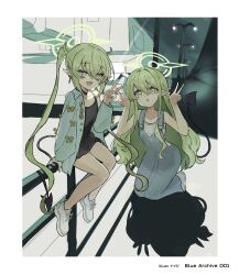 2girls :d alternate_costume black_dress black_tail blue_archive blue_overalls commentary_request copyright_name demon_tail double_v dress fang green_hair green_halo halo highres hikari_(blue_archive) kneeling lamppost long_hair long_sleeves looking_at_viewer multiple_girls nozomi_(blue_archive) open_mouth overalls pointy_ears protectload shadow shirt shoes siblings sidelocks sisters skin_fang smile tail triangle_mouth twins twintails v white_shirt white_shoes yellow_eyes