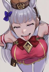 1girl animal_ears breasts gold_ship_(umamusume) grey_hair horse_ears horse_girl jei_games large_breasts leaning_forward looking_at_viewer open_mouth pink_eyes smile tongue tongue_out umamusume