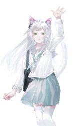 1girl :o absurdres animal_ear_fluff animal_ears aqua_neckerchief aqua_sailor_collar aqua_skirt arknights arknights_yuu12 arm_up bag black_bag blunt_bangs cat_ears cat_girl cat_tail clenched_hand commentary cowboy_shot double-parted_bangs hair_ornament highres long_hair long_sleeves looking_at_viewer neckerchief open_hand open_mouth pleated_skirt rosmontis_(arknights) sailor_collar school_bag school_uniform serafuku shirt sidelocks simple_background skirt solo straight-on tail tail_raised thighhighs white_background white_hair white_serafuku white_shirt white_tail white_thighhighs yellow_eyes zettai_ryouiki