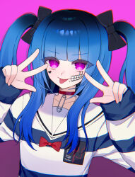 1girl amemiya_darumi black_bow blue_hair bow choker double_w hair_bow highres long_hair looking_at_viewer multicolored_hair pink_background pink_eyes red_choker roots_(hair) sailor_collar smile striped_clothes the_hundred_line_-last_defense_academy- tongue tongue_out toru_991099 two_side_up upper_body w white_sailor_collar