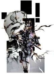 2boys absurdres armor bandana bodysuit brown_hair cyborg faceplate facial_hair gray_fox gun h&amp;k_mark_23 handgun headband helmet highres holding holding_gun holding_weapon male_focus metal_gear_(series) metal_gear_solid multiple_boys ninja official_art one-eyed power_suit shinkawa_youji short_hair sneaking_suit solid_snake weapon