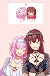 Rule 34 | 2girls, bikini, black bikini, breasts, brown hair, cleavage, commentary, couple, cupcake, earrings, eden (flowing rhyme) (honkai impact), eden (honkai impact), elf, elysia (honkai impact), elysia (miss pink elf) (honkai impact), elysia (summer miss elf) (honkai impact), eyewear on head, food, hairband, heart, highres, honkai (series), honkai impact 3rd, jewelry, large breasts, long hair, multiple girls, official alternate costume, open mouth, pink background, pink hair, pointy ears, see-through clothes, see-through sleeves, smile, sunglasses, swimsuit, symbol-only commentary, teeth, toufu 0626, upper teeth only, very long hair, white bikini, white hairband, yuri