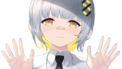 1girl bandaid bandaid_on_face bandaid_on_nose black_necktie blonde_hair brown_eyes cait_aron closed_mouth collared_shirt earrings grey_hair hachi_(live_union) hair_ornament hands_up highres jacket jewelry live_union looking_at_viewer mole mole_under_eye multicolored_hair necktie shirt simple_background smile solo two-tone_hair upper_body virtual_youtuber white_background white_jacket white_shirt x_hair_ornament