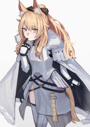 1girl animal_ear_fluff animal_ears arknights armor black_gloves blemishine_(arknights) blonde_hair cape commentary fur-trimmed_cape fur_trim gloves highres horse_ears horse_girl horse_tail long_hair looking_at_viewer ponytail simple_background single_vambrace smile solo solokitsune tail vambraces white_background white_cape yellow_eyes