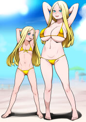 2girls armpits arms_behind_head barefoot beach bikini blonde_hair blue_eyes blurry blurry_background blush breasts cameltoe cleavage flat_chest full_body gold_bikini groin highres j7w large_breasts legs_apart loli long_hair looking_at_viewer multiple_girls navel open_mouth original smile stomach swimsuit toes