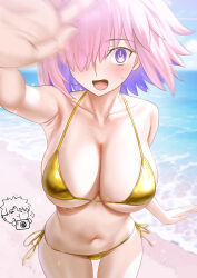 1boy 1girl absurdres bare_shoulders beach besmiled bikini blush breasts cleavage collarbone colored_inner_hair fate/grand_order fate_(series) fujimaru_ritsuka_(male) gold_bikini hair_over_one_eye highres large_breasts looking_at_viewer mash_kyrielight multicolored_hair navel open_mouth pink_hair purple_eyes purple_hair shore short_hair swimsuit thighs