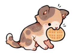 animal_ears animal_focus animal_nose artist_name blush brown_fur calico_(pattern) cat cat_ears cat_tail commentary english_commentary food food_in_mouth multicolored_fur no_humans nose_blush notice_lines orange_fur original simple_background solid_circle_eyes spicymochi tail waffle watermark white_background white_fur