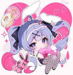 animal_ears blue_eyes blue_hair chibi deformed donut fishnets food hair_ribbon hairband hatsune_miku heart highres leotard long_hair playboy_bunny rabbit_ears rabbit_hole_(vocaloid) rabbit_tail ribbon stuffed_animal stuffed_rabbit stuffed_toy tail twintails very_long_hair vocaloid yuni_(irohasuiroiro)