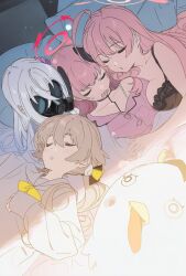 4girls ahoge ai-assisted azusa_(blue_archive) black_wings blanket blue_archive bra breasts brown_hair closed_eyes feathered_wings flower gas_mask hair_flower hair_ornament halo hanako_(blue_archive) head_wings hifumi_(blue_archive) highres koharu_(blue_archive) lace lace-trimmed_bra lace_trim long_hair low_twintails lying make-up_work_club_(blue_archive) mask multiple_girls okashi_please peroro_(blue_archive) pillow pink_hair sleeping sleeping_on_person stuffed_animal stuffed_bird stuffed_toy twintails under_covers underwear wings yellow_halo