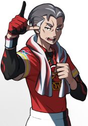1boy bite_addict black_eyes bright_pupils collared_shirt commentary_request dynamax_band gloves grey_hair highres index_finger_raised kabu_(pokemon) looking_at_viewer male_focus multicolored_hair nintendo open_mouth partially_fingerless_gloves pokemon pokemon_swsh red_shirt shirt short_hair shorts single_glove solo teeth tongue towel towel_around_neck two-tone_hair undershirt white_pupils white_shorts