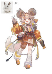 1girl absurdres animal_ear_piercing animal_ears arm_at_side black_choker blonde_hair blunt_bangs bob_cut breasts brown_skirt chinchilla_ears chinchilla_girl choker coat flipped_bangs hair_dryer hair_intakes hairband hand_up happy highres holding holding_hair_dryer holding_scissors jar leg_warmers long_sleeves looking_at_viewer mouse_ears open_clothes open_coat open_mouth orange_coat orange_eyes orange_hairband orange_shoes original overall_skirt photo_inset ribbon scissors scrunchie shirt shoes simple_background single_sidelock single_thighhigh skirt small_breasts solo standing standing_on_one_leg teeth thighhighs toga_(toganawa) triangle_mouth unfinished upper_teeth_only white_background white_leg_warmers white_shirt white_tail wrist_ribbon yellow_ribbon yellow_scrunchie
