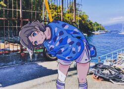 0507_tuyuri 1girl blue_eyes boat brown_hair collar highres hill long_sleeves looking_at_viewer love_live! love_live!_sunshine!! mountain mountainous_horizon ocean real_life sailboat shirt short_hair shorts smile soccer_uniform socks solo sportswear thighs watanabe_you watercraft