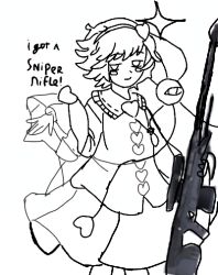 Rule 34 | 1girl, greyscale, gun, heart, komeiji satori, monochrome, non-web source, rifle, silly girl, simple background, smug, sniper rifle, third eye, touhou, weapon
