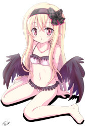 1girl artist_name bikini black_hairband black_ribbon black_wings breasts dark_feather_alma emil_chronicle_online frilled_bikini frills hair_ribbon hairband highres loli long_hair navel pink_bikini pointy_ears red_eyes ribbon sitting small_breasts swimsuit taku_(punitaku) tankini wariza white_background wings