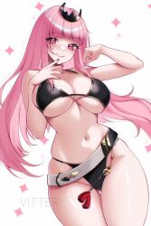 Rule 34 | 1girl, alternate costume, bare shoulders, belt, bikini, black bikini, black tiara, breasts, cleavage, closed mouth, collarbone, cowboy shot, gold trim, hololive, hololive english, jewelry, large breasts, legs together, long hair, looking at viewer, mori calliope, mori calliope (1st costume), navel, pink eyes, pink hair, pink nails, red eyes, silver belt, simple background, smile, solo, standing, stomach, swimsuit, thighs, tiara, virtual youtuber, vitter, white background