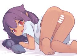 1girl all_fours anus ass bar_censor barefoot bottomless censored commentary dark-skinned_female dark_skin english_commentary highres jahy jahy-sama_wa_kujikenai! kanbaki loli long_hair open_mouth paid_reward_available pointy_ears purple_hair pussy red_eyes shirt short_sleeves soles solo toes top-down_bottom-up white_shirt