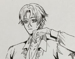 Rule 34 | 1boy, closed mouth, collarbone, collared jacket, expressionless, eyelashes, frilled jacket, frilled sleeves, frills, greyscale, hair between eyes, hand on own cheek, hand on own face, highres, jacket, kohanai setsuna, long sleeves, looking ahead, male focus, mercury (shining nikki), monochrome, nib pen (medium), nikki (series), nostrils, parted bangs, pectoral cleavage, pectorals, pen (medium), photo (medium), pointy ears, pointy nose, shining nikki, shirt, short hair, solo, traditional media, upper body, v-neck, wet, wiping face