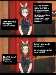 1girl 2koma absurdres artist_name badge black_vest blush bow bow_hairband breasts brown_hair closed_eyes collared_shirt comic english_text facing_viewer flustered flying_sweatdrops green_eyes grey_bow grey_hairband hailey_(zenless_zone_zero) hair_bow hairband highres looking_at_viewer luizhtx medium_breasts monitor open_mouth red_shirt shaded_face shirt short_hair short_sleeves solo speech_bubble sweatdrop vest zenless_zone_zero