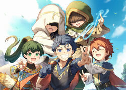 1girl 2boys 2others aged_down blue_eyes blue_hair closed_mouth coat eliwood_(fire_emblem) eliwood_(pledged_friend)_(fire_emblem) fire_emblem fire_emblem:_the_blazing_blade fire_emblem_heroes green_coat green_eyes green_hair grin hector_(fire_emblem) hector_(sworn_friend)_(fire_emblem) highres hood hooded_coat jewelry kiran_(fire_emblem) long_hair lyn_(fire_emblem) lyn_(winds_of_hope)_(fire_emblem) mark_(fire_emblem:_the_blazing_blade) multiple_boys multiple_others nakabayashi_zun nintendo no_eyes open_mouth pendant ponytail red_eyes short_hair smile teeth very_long_hair white_coat