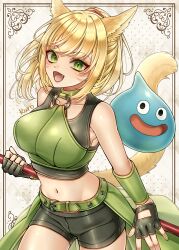 1girl 1other :d absurdres animal_ears arm_guards belt bike_shorts black_gloves black_shorts black_tank_top blonde_hair border breasts brown_border bustier cat_ears cat_girl cat_tail choker collarbone commentary_request commission cosplay cowboy_shot dragon_quest dragon_quest_xi facial_mark fang final_fantasy final_fantasy_xiv fingerless_gloves floating_clothes floating_hair gloves green_belt green_bustier green_choker green_eyes green_nails grey_background high_ponytail highres hip_bones holding holding_behind_back holding_polearm holding_polearm_behind_back holding_weapon holding_weapon_behind_back kuro11_222 large_breasts looking_at_viewer martina_(dq11) martina_(dq11)_(cosplay) miqo&#039;te navel o-ring o-ring_top open_mouth partial_commentary polearm ponytail shorts skeb_commission slime_(dragon_quest) slit_pupils smile tail tank_top warrior_of_light_(ff14) weapon whisker_markings