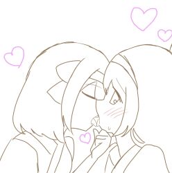 2girls ainu_clothes blush breasts closed_eyes french_kiss from_side hair_ribbon hand_on_another&#039;s_chin heart highres incest kiss long_hair monochrome multiple_girls nakoruru open_mouth ribbon rimururu saliva saliva_trail samurai_spirits short_hair siblings sisters sketch small_breasts snk sweatdrop tongue tongue_out yuri
