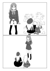 3girls absurdres bang_dream! bang_dream!_it&#039;s_mygo!!!!! beret black_socks character_doll commentary dress fighting hat highres kneehighs long_hair long_sleeves looking_at_another lysine monochrome mortis_(bang_dream!) mortis_(costume)_(bang_dream!) mortis_(persona)_(bang_dream!) multiple_girls nagasaki_soyo school_uniform shirt socks standing tsukinomori_school_uniform wakaba_mutsumi wakaba_mutsumi_(doll)
