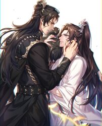 3boys absurdres black_cape black_hair black_hanfu black_pants black_sash blood blood_on_clothes blood_on_face blood_on_hands blue_eyes brown_hair cape chain chinese_clothes chromatic_aberration chu_wanning clenched_teeth cowboy_shot dual_persona erha_he_tadebai_mao_shizun glowing glowing_weapon hair_bun half_updo hand_on_another&#039;s_head hanfu head_on_another&#039;s_shoulder high_ponytail highres korean_commentary long_hair long_sleeves looking_at_another looking_up male_focus mo_ran multiple_boys pants ponytail purple_eyes sash taxian-jun teeth weapon whip white_background white_hanfu white_sash wide_sleeves wiping_blood xiao_guan_(headdress) zehel_az
