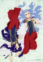 00s 2girls absurdres alternate_costume blunt_bangs cross cross_hair_ornament hair_ornament hairband hakama hakama_skirt hand_on_own_chest highres japanese_clothes kannagi lying maidens multiple_girls nagi official_art on_back red_hakama rotational_symmetry siblings sisters skirt tabi takeuchi_tetsuya zange