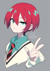 1girl amate_yuzuriha aqua_eyes aqua_shirt closed_mouth grey_background gundam gundam_gquuuuuux highres long_sleeves looking_at_viewer necktie ppps red_hair school_uniform shirt short_hair simple_background solo sweater v zooming_in