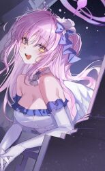 1girl :d absurdres b_soyo1 bare_shoulders blue_archive blush bow breasts cleavage commentary dress elbow_gloves feathered_wings gloves hair_bow halo highres large_breasts long_hair looking_at_viewer low_wings mika_(blue_archive) open_mouth pink_hair pink_halo purple_bow smile solo strapless strapless_dress upper_body white_dress white_gloves white_wings wings