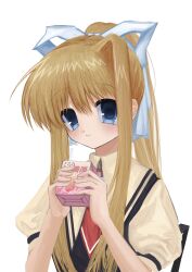 Rule 34 | 1girl, air (visual novel), blue eyes, closed mouth, colored eyelashes, drinking straw, hair between eyes, hair ribbon, high ponytail, highres, kamio misuzu, light smile, long hair, looking at viewer, necktie, nemu (zutto oyasu3), ponytail, puffy short sleeves, puffy sleeves, red necktie, ribbon, school uniform, short sleeves, sidelocks, simple background, single hair intake, solo, straight hair, strawberry milk, upper body, white background